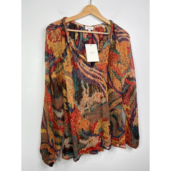 NW T.L.C. Printed Silk V-Neck Curved Hem Long Sleeve Casual Blouse Size: 0 - Picture 4 of 10